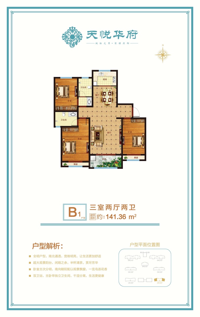 安阳天悦华府b1户型(3室)建筑面积:约141.36m05—网